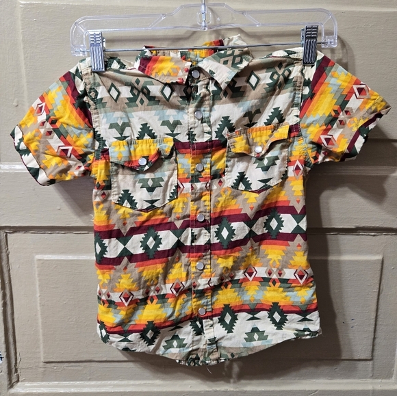 Nine Threads Kids Western Aztec Button Up Short Sleeve Pearl Snap Shirt - Picture 3 of 6